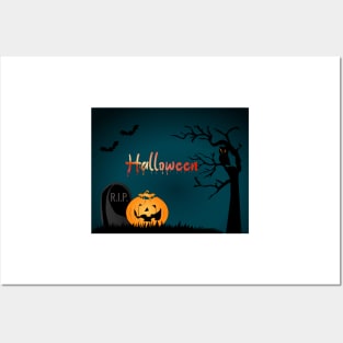 Halloween background with pumpkins, Graves, full moon, and bats stock illustration Posters and Art